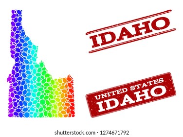 Spectrum dotted map of Idaho State and red grunge stamps. Vector geographic map in bright spectrum gradient colors on a white background.