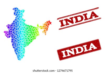 Spectrum dotted map of India and red grunge stamps. Vector geographic map in bright spectrum gradient colors on a white background.