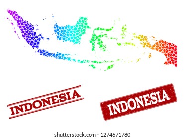 Spectrum dotted map of Indonesia and red grunge stamps. Vector geographic map in bright spectrum gradient colors on a white background.