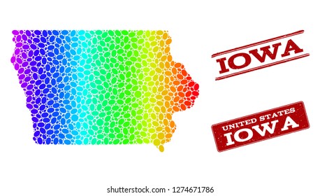 Spectrum dotted map of Iowa State and red grunge stamps. Vector geographic map in bright spectrum gradient colors on a white background.