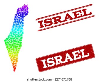 Spectrum dotted map of Israel and red grunge stamps. Vector geographic map in bright spectrum gradient colors on a white background.