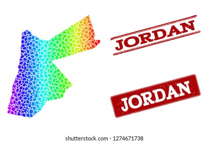 Spectrum dotted map of Jordan and red grunge stamps. Vector geographic map in bright spectrum gradient colors on a white background.