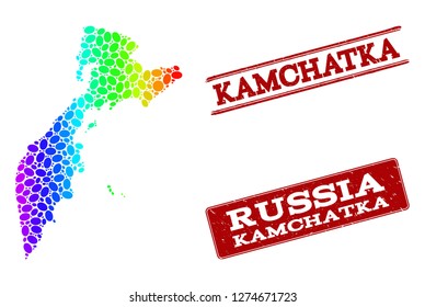 Spectrum dotted map of Kamchatka Peninsula and red grunge stamps. Vector geographic map in bright spectrum gradient colors on a white background.