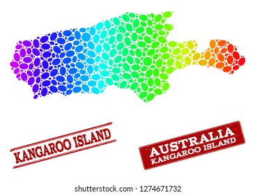 Spectrum dotted map of Kangaroo Island and red grunge stamps. Vector geographic map in bright spectrum gradient colors on a white background.