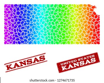 Spectrum dotted map of Kansas State and red grunge stamps. Vector geographic map in bright spectrum gradient colors on a white background.