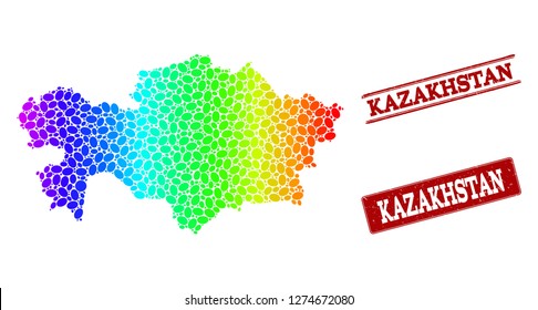 Spectrum dotted map of Kazakhstan and red grunge stamps. Vector geographic map in bright spectrum gradient colors on a white background.