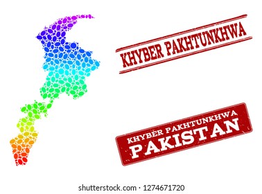 Spectrum dotted map of Khyber Pakhtunkhwa Province and red grunge stamps. Vector geographic map in bright spectrum gradient colors on a white background.