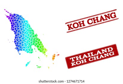 Spectrum dotted map of Koh Chang and red grunge stamps. Vector geographic map in bright spectrum gradient colors on a white background.