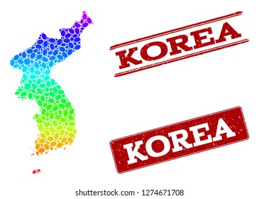 Spectrum dotted map of Korea and red grunge stamps. Vector geographic map in bright spectrum gradient colors on a white background.