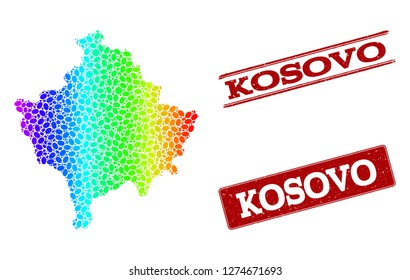 Spectrum dotted map of Kosovo and red grunge stamps. Vector geographic map in bright spectrum gradient colors on a white background.