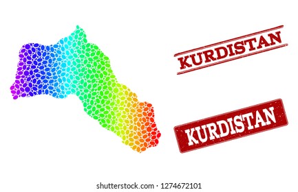 Spectrum dotted map of Kurdistan and red grunge stamps. Vector geographic map in bright spectrum gradient colors on a white background.