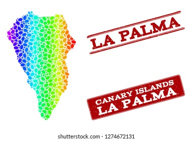 Spectrum dotted map of La Palma Island and red grunge stamps. Vector geographic map in bright spectrum gradient colors on a white background.