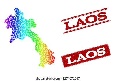 Spectrum dotted map of Laos and red grunge stamps. Vector geographic map in bright spectrum gradient colors on a white background.
