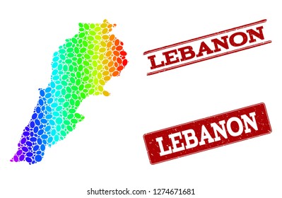 Spectrum dotted map of Lebanon and red grunge stamps. Vector geographic map in bright spectrum gradient colors on a white background.