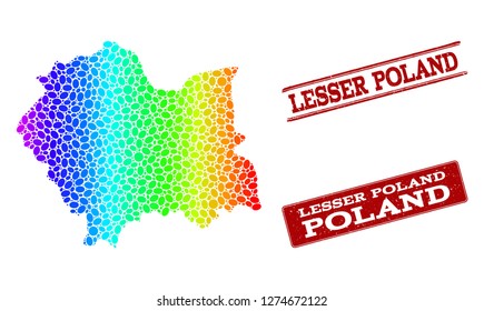 Spectrum dotted map of Lesser Poland Province and red grunge stamps. Vector geographic map in bright spectrum gradient colors on a white background.