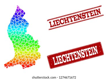 Spectrum dotted map of Liechtenstein and red grunge stamps. Vector geographic map in bright spectrum gradient colors on a white background.