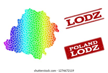 Spectrum dotted map of Lodz Province and red grunge stamps. Vector geographic map in bright spectrum gradient colors on a white background.