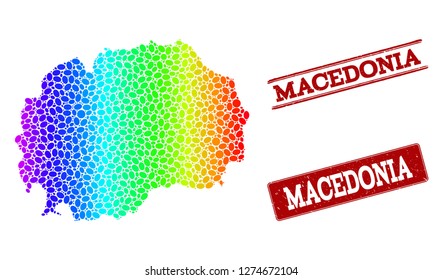 Spectrum dotted map of Macedonia and red grunge stamps. Vector geographic map in bright spectrum gradient colors on a white background.