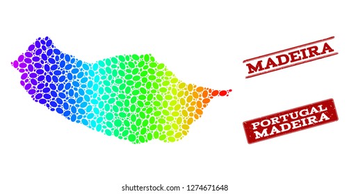 Spectrum dotted map of Madeira Island and red grunge stamps. Vector geographic map in bright spectrum gradient colors on a white background.