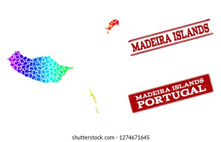 Spectrum dotted map of Madeira Islands and red grunge stamps. Vector geographic map in bright spectrum gradient colors on a white background.