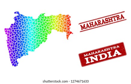 Spectrum dotted map of Maharashtra State and red grunge stamps. Vector geographic map in bright spectrum gradient colors on a white background.