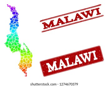 Spectrum dotted map of Malawi and red grunge stamps. Vector geographic map in bright spectrum gradient colors on a white background.