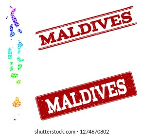 Spectrum dotted map of Maldives and red grunge stamps. Vector geographic map in bright spectrum gradient colors on a white background.