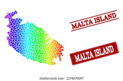 Spectrum dotted map of Malta Island and red grunge stamps. Vector geographic map in bright spectrum gradient colors on a white background.