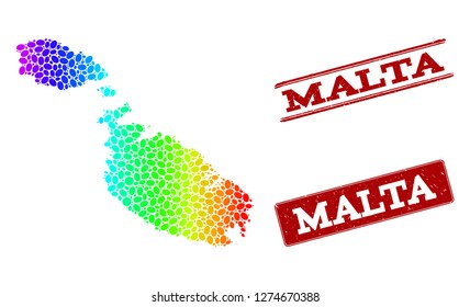 Spectrum dotted map of Malta and red grunge stamps. Vector geographic map in bright spectrum gradient colors on a white background.