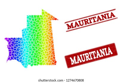 Spectrum dotted map of Mauritania and red grunge stamps. Vector geographic map in bright spectrum gradient colors on a white background.
