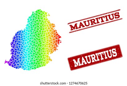Spectrum dotted map of Mauritius Island and red grunge stamps. Vector geographic map in bright spectrum gradient colors on a white background.