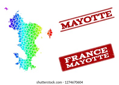 Spectrum dotted map of Mayotte Islands and red grunge stamps. Vector geographic map in bright spectrum gradient colors on a white background.