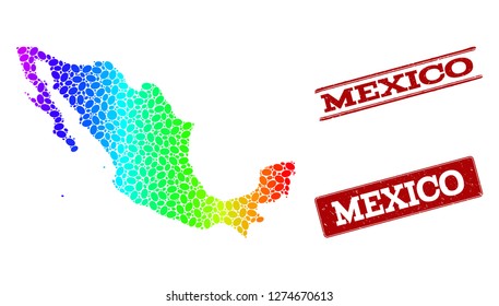 Spectrum dotted map of Mexico and red grunge stamps. Vector geographic map in bright spectrum gradient colors on a white background.