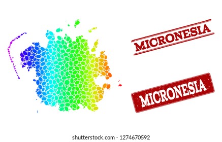 Spectrum dotted map of Micronesia island and red grunge stamps. Vector geographic map in bright spectrum gradient colors on a white background.