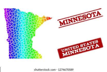 Spectrum dotted map of Minnesota State and red grunge stamps. Vector geographic map in bright spectrum gradient colors on a white background.