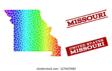 Spectrum dotted map of Missouri State and red grunge stamps. Vector geographic map in bright spectrum gradient colors on a white background.