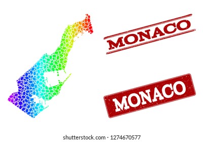 Spectrum dotted map of Monaco and red grunge stamps. Vector geographic map in bright spectrum gradient colors on a white background.