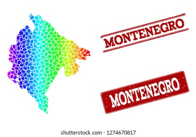 Spectrum dotted map of Montenegro and red grunge stamps. Vector geographic map in bright spectrum gradient colors on a white background.