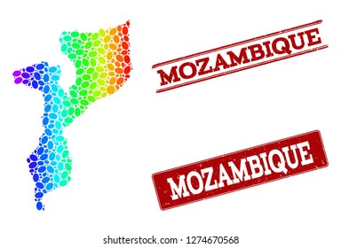 Spectrum dotted map of Mozambique and red grunge stamps. Vector geographic map in bright spectrum gradient colors on a white background.