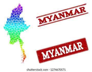 Spectrum dotted map of Myanmar and red grunge stamps. Vector geographic map in bright spectrum gradient colors on a white background.