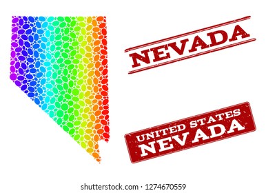 Spectrum dotted map of Nevada State and red grunge stamps. Vector geographic map in bright spectrum gradient colors on a white background.