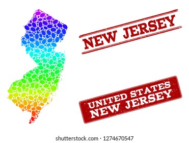 Spectrum dotted map of New Jersey State and red grunge stamps. Vector geographic map in bright spectrum gradient colors on a white background.