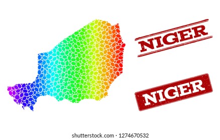 Spectrum dotted map of Niger and red grunge stamps. Vector geographic map in bright spectrum gradient colors on a white background.