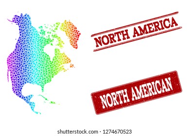 Spectrum dotted map of North America and red grunge stamps. Vector geographic map in bright spectrum gradient colors on a white background.