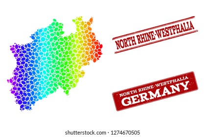 Spectrum dotted map of North Rhine-Westphalia State and red grunge stamps. Vector geographic map in bright spectrum gradient colors on a white background.