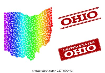 Spectrum dotted map of Ohio State and red grunge stamps. Vector geographic map in bright spectrum gradient colors on a white background.