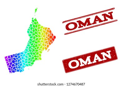 Spectrum dotted map of Oman and red grunge stamps. Vector geographic map in bright spectrum gradient colors on a white background.