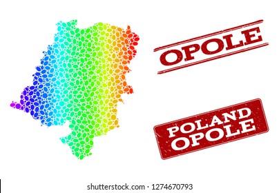 Spectrum dotted map of Opole Province and red grunge stamps. Vector geographic map in bright spectrum gradient colors on a white background.