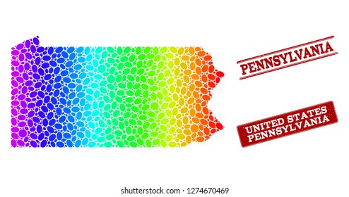Spectrum dotted map of Pennsylvania State and red grunge stamps. Vector geographic map in bright spectrum gradient colors on a white background.