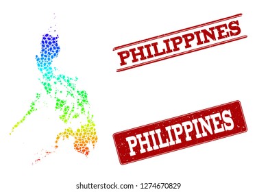 Spectrum dotted map of Philippines and red grunge stamps. Vector geographic map in bright spectrum gradient colors on a white background.